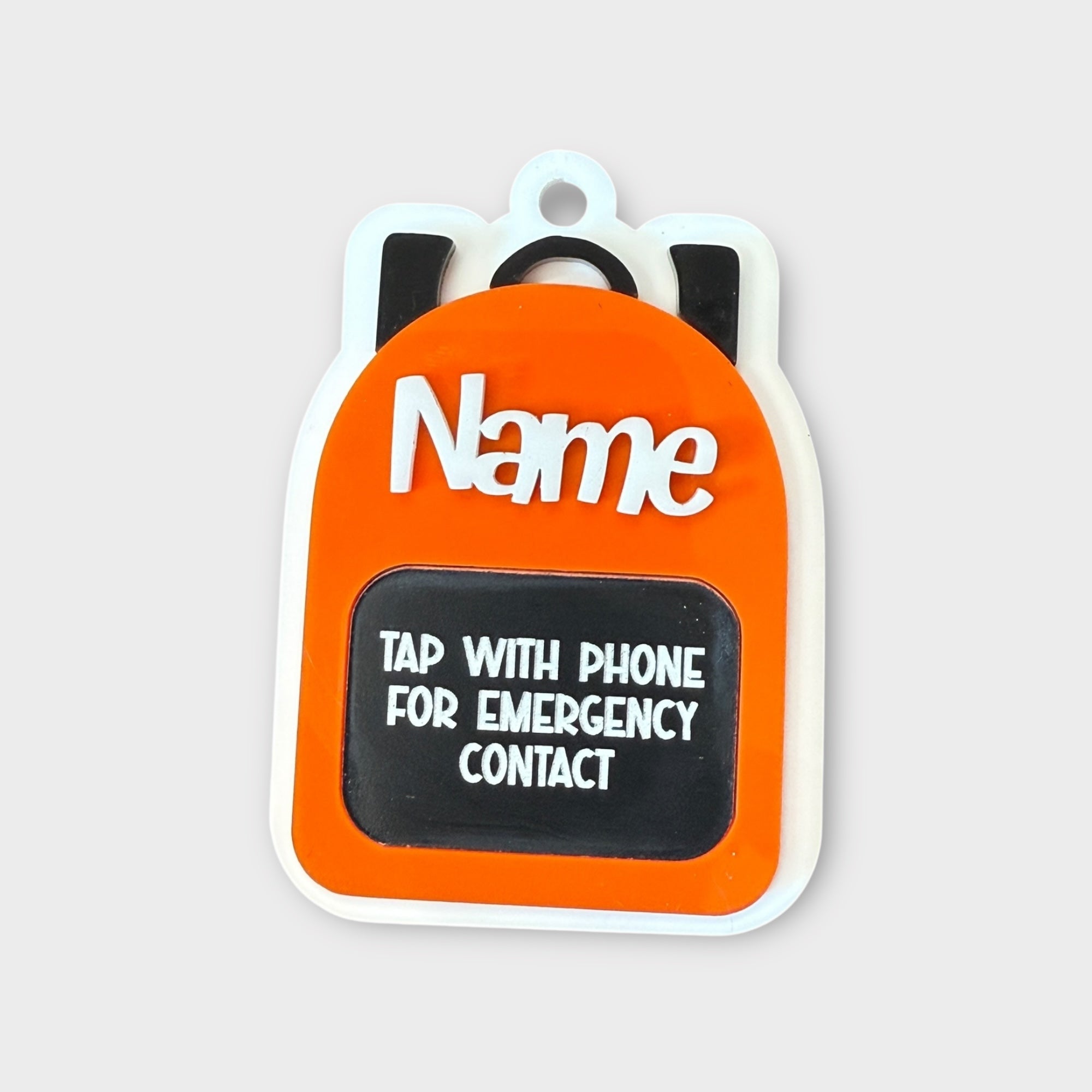 Orange backpack Emergency Contact Bag Tag