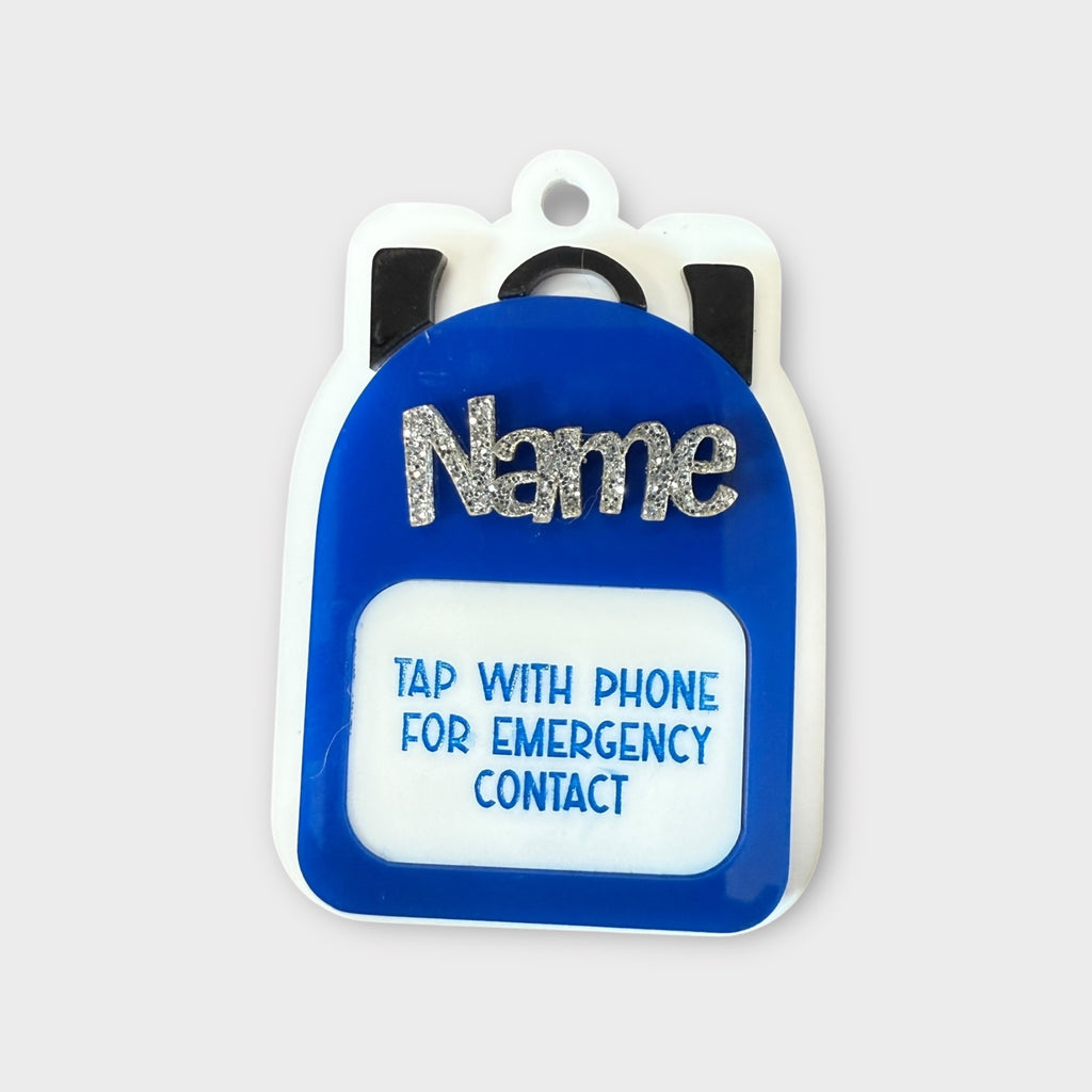 Blue backpack Emergency Contact Bag Tag