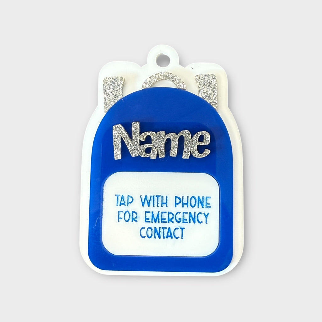Blue backpack Emergency Contact Bag Tag
