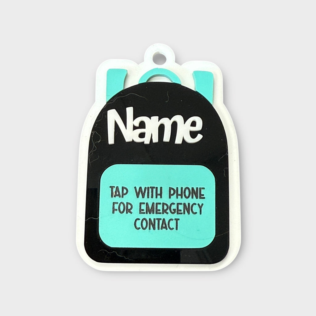 Black/Teal backpack Emergency Contact Bag Tag